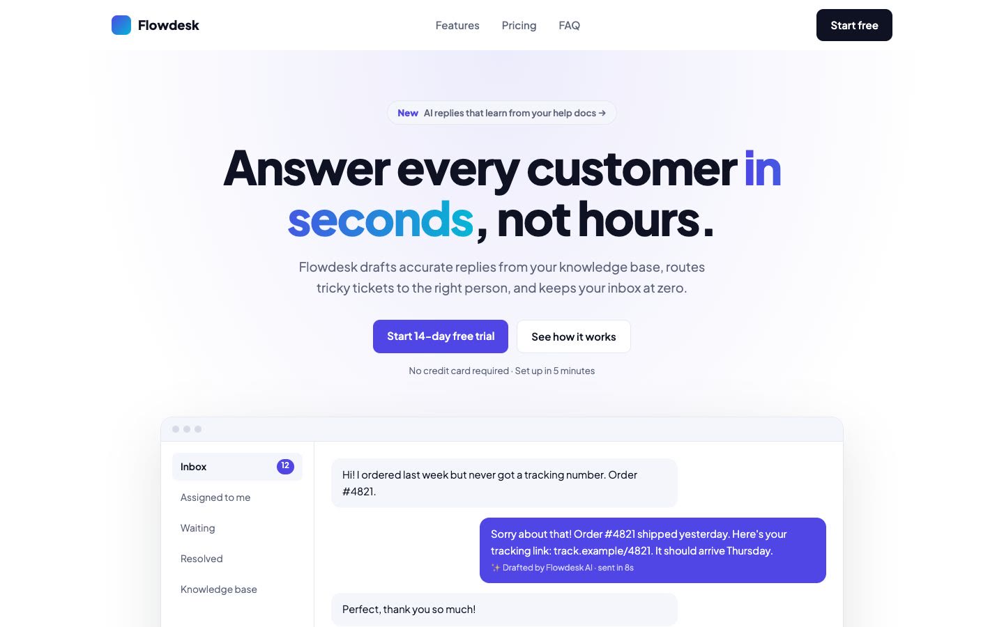 Flowdesk landing page with its headline and sign-up button
