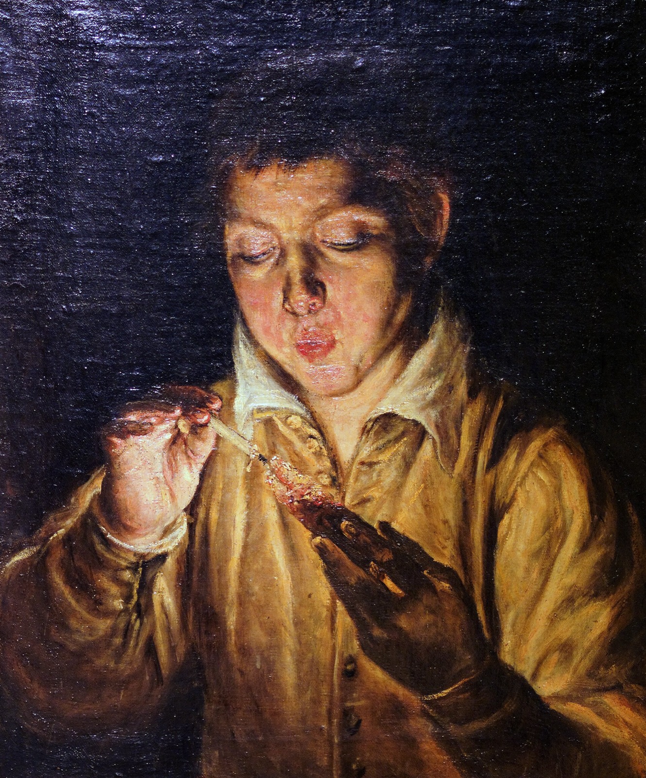 El Greco painting of a boy blowing on a glowing ember to light a candle